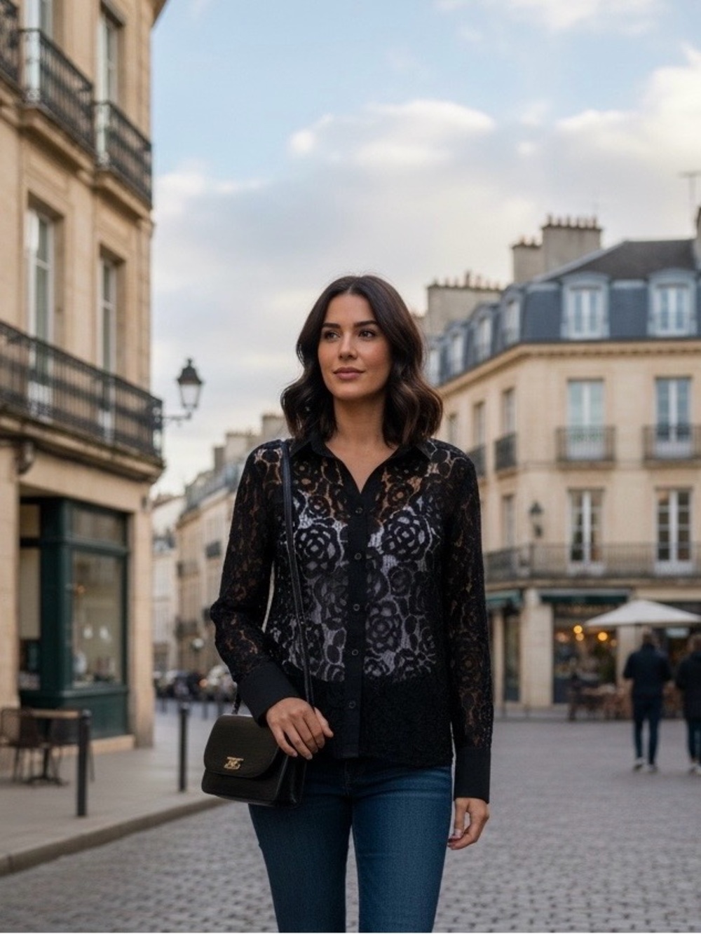 Ellen Tracy Black Floral Lace Button Down Blouse Long Sleeve Top Small